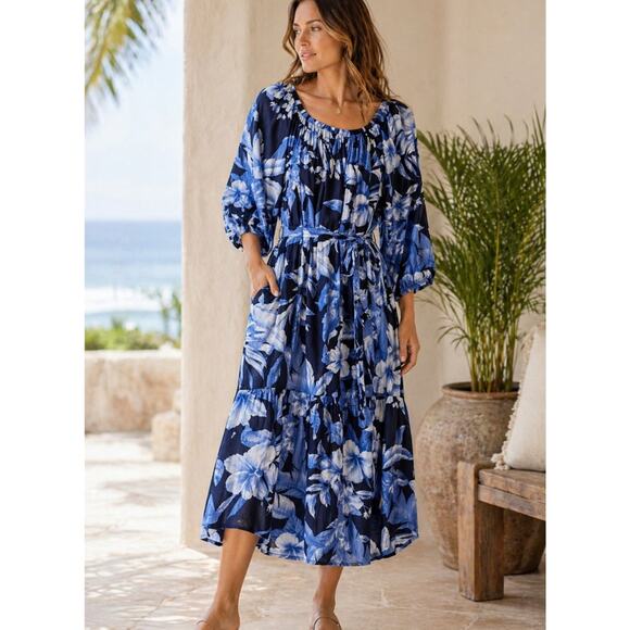 Tommy Bahama Dresses & Skirts - Tommy Bahama Blue Floral Island Gauze Midi Dress XL Tropical Belted Pockets